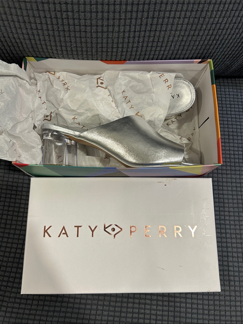 KATY PERRY Collections Metallic Silver Clear Block Heel Mules. Size 8 - Picture 8 of 9